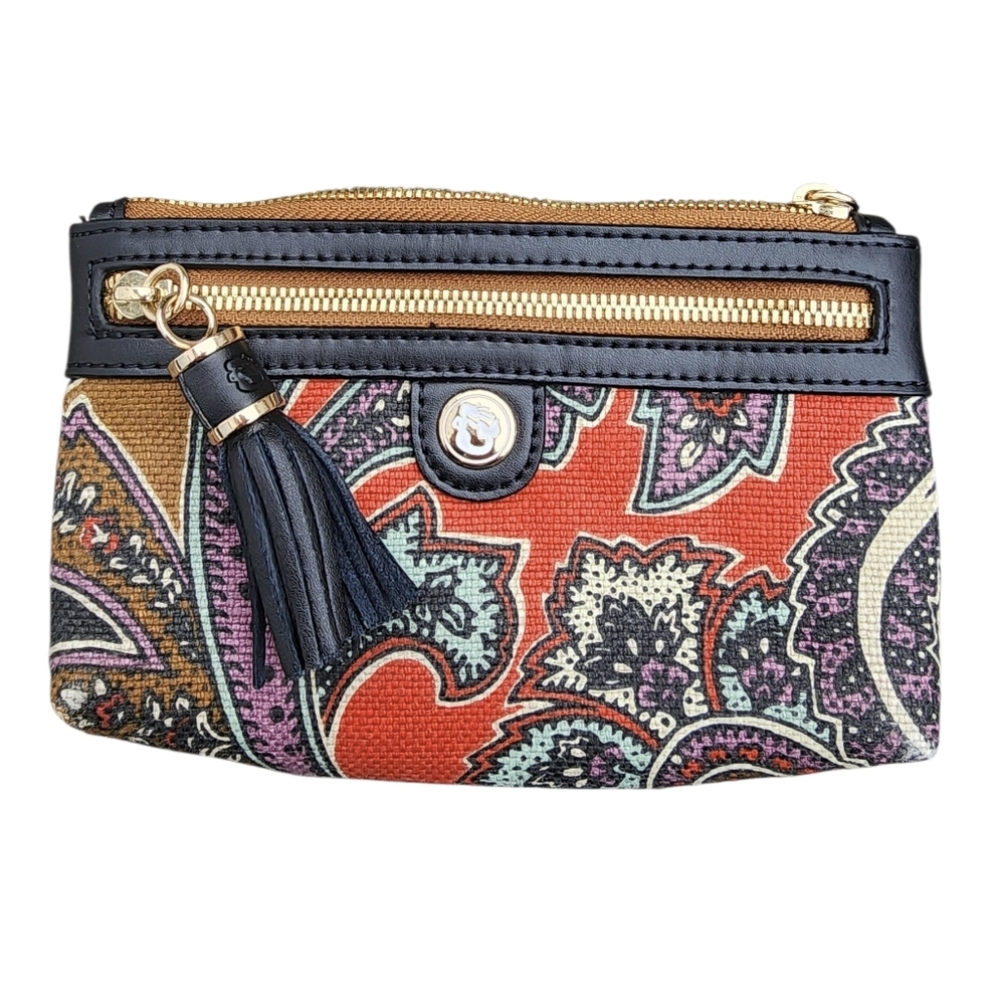 SPARTINA tassel wristlet, paisley, leather/linen